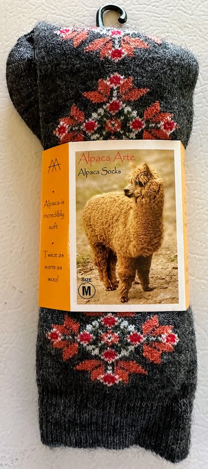 Tey Art Alpaca Socks-Brittany Floral Motif Charcoal (M)